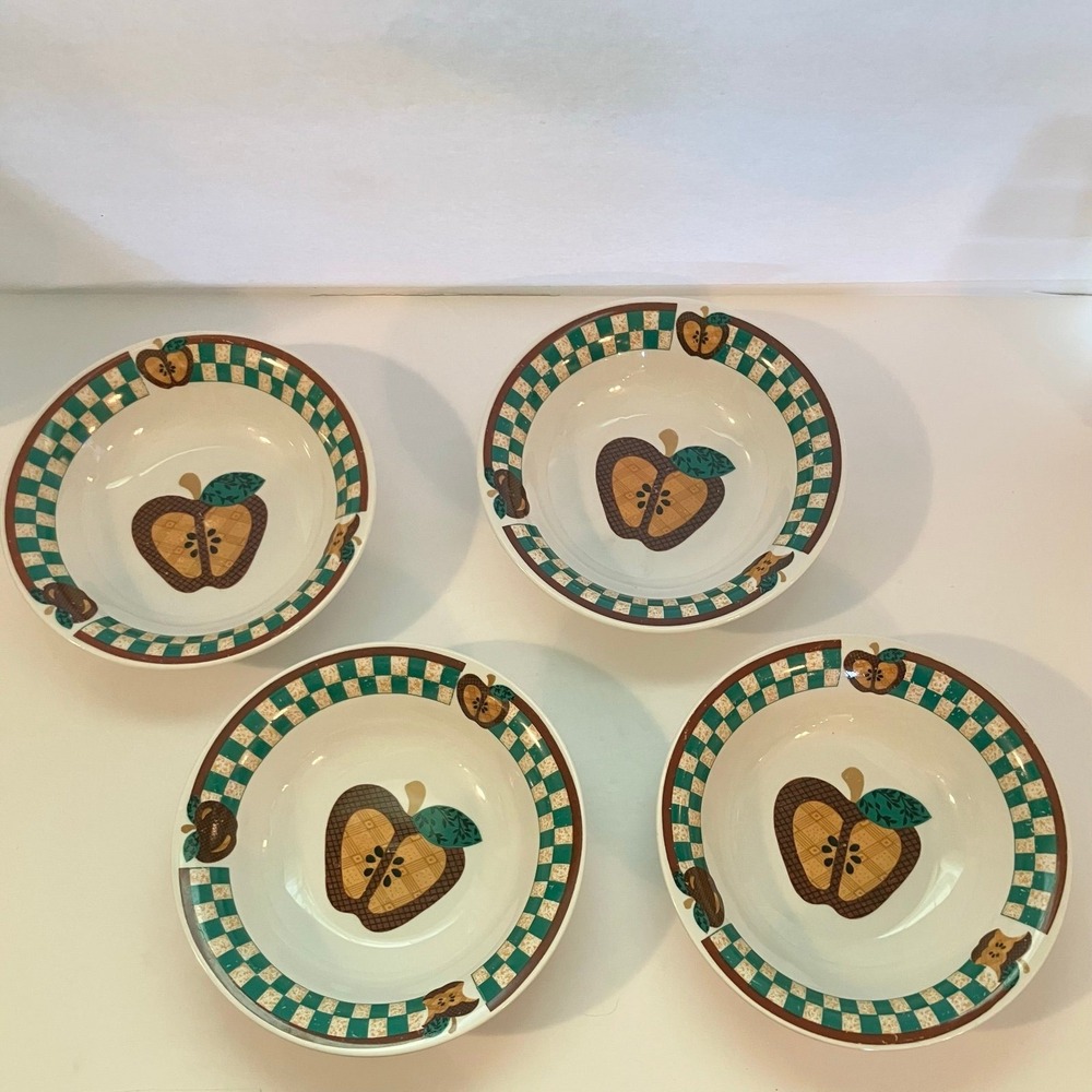 Tabletops Unlimited 1990's A is For Apple Soup Salad Bowls 8" Set of 4 Farmhouse